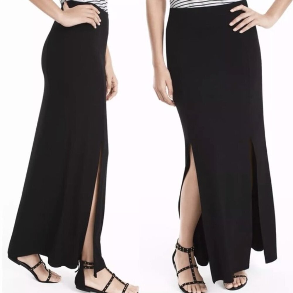 WHITE HOUSE BLACK MARKET WHBM Knit Maxi Skirt Solid Black Elastic Waist 2 Slits